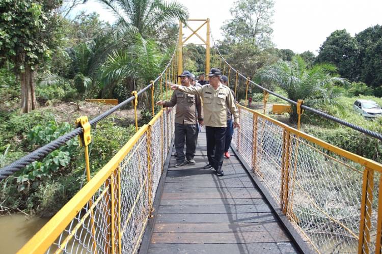 Bupati Inhil HM. Wardan Tinjau Perbaikan Jembatan Gantung Penghubung Antar Desa