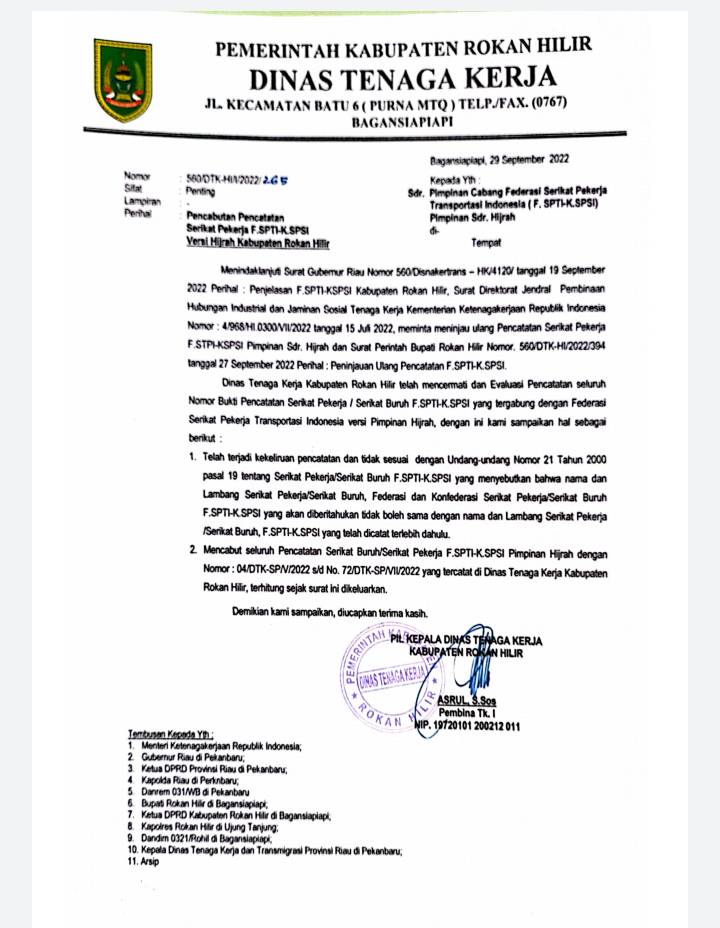 Disnaker Rohil Akhirnya Cabut Pencatatan SPTI-SPSI Kubu  Hijrah, Setelah Mendapat Surat dari Kementerian